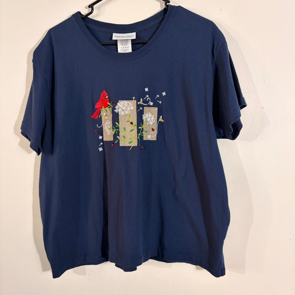 Country Store T-Shirt Women 2X Navy Blue Excellent Cardinal Floral Embroidered